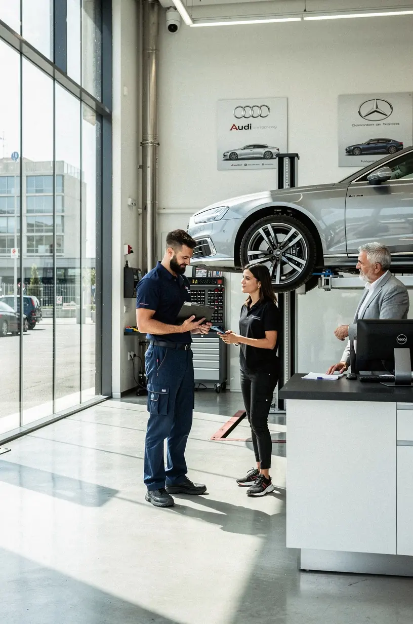 Vista interior de un taller con coches de marcas europeas de lujo alineados para mantenimiento y reparación profesional.